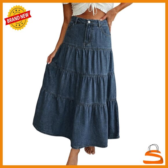 Long Denim A-Line Maxi Skirt with Pockets Mid High Waist